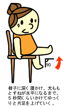 椅子に深く腰掛け太ももとすねが水平になるまで５秒間くらいかけてゆっくりと片足を上げていく